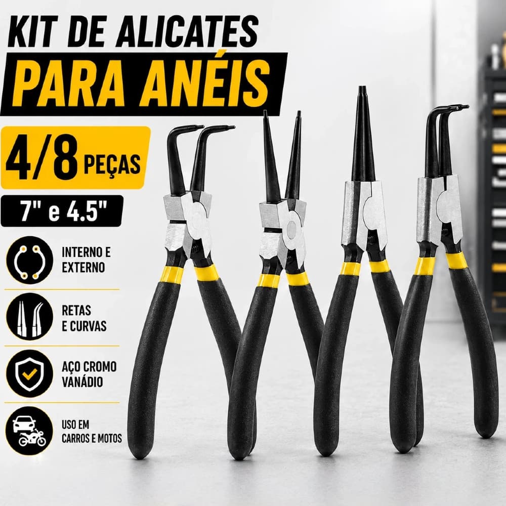 Kit 4/8 Jogo de Alicates 7'' e 4.5'' Aço Cromo Vanádio p/Anéis Interno & Externo,Versátil para Reparos em Carros&Motos
