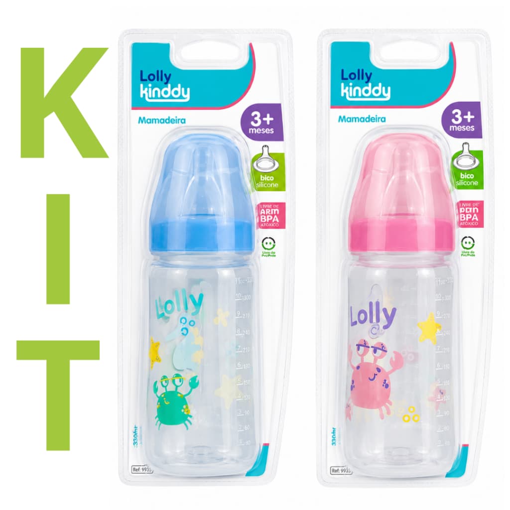 Kit 2 Mamadeiras Lolly Kinddy 330ml Bico Silicone Anticólica Azul e Rosa 3+ Meses