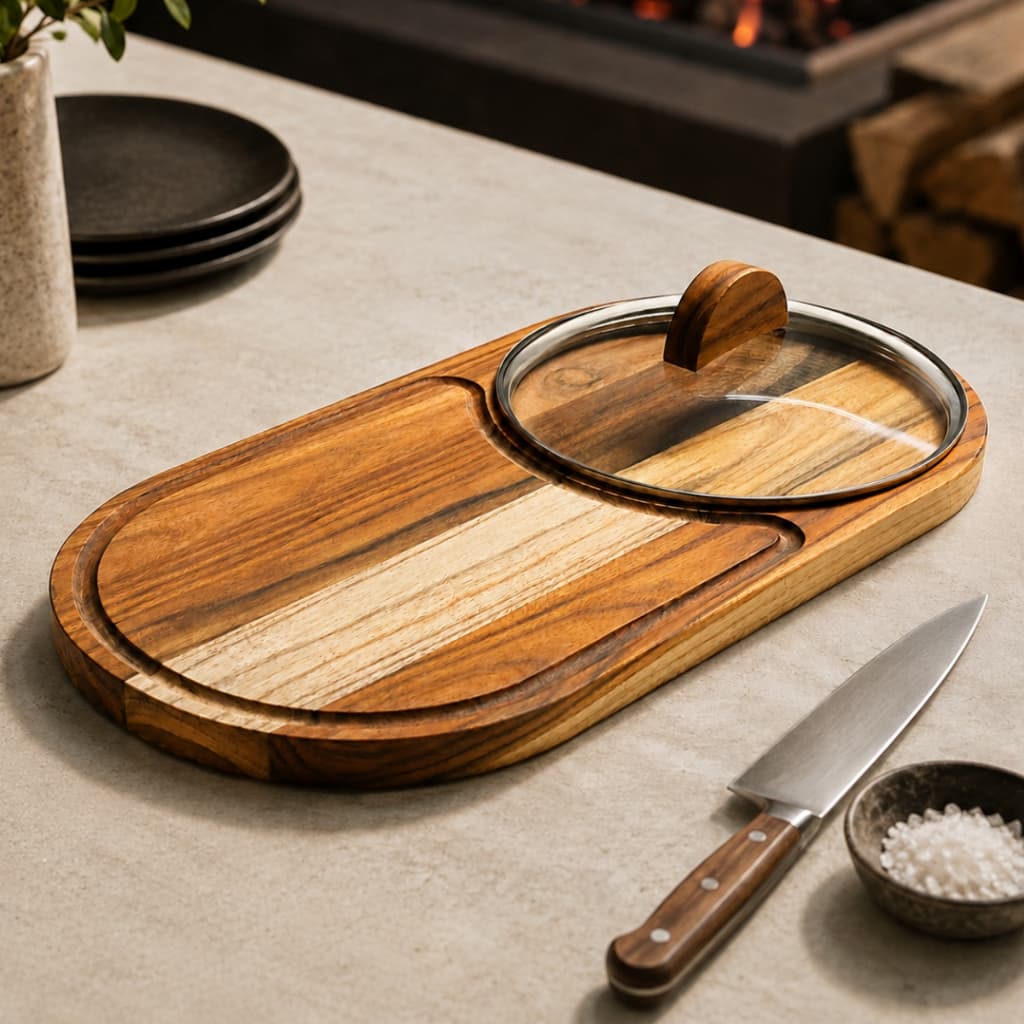 Tábua De Carne Madeira Com Tampa De Vidro 33cm Canaleta Churrasco Gourmet