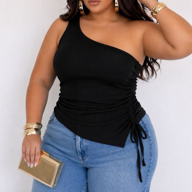 Blusa Feminina Plus Size  Feminina Drapeada Assimétrica Ribana Canelada Algodão Um Ombro Só Tamanho Grande