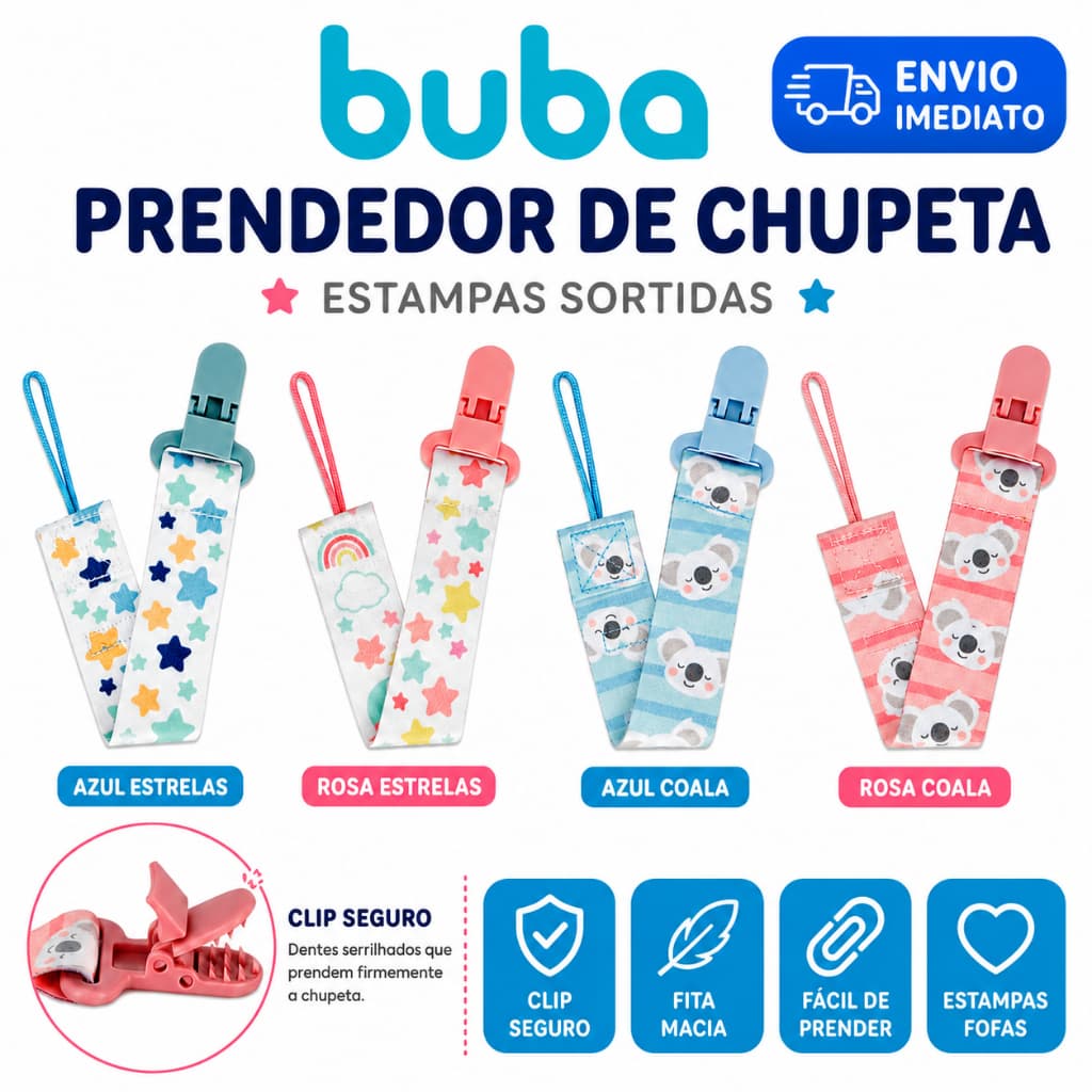 Kit Com 2 Prendedores de Chupeta Com Clip Trava Prendedor de Bico Bebê Buba