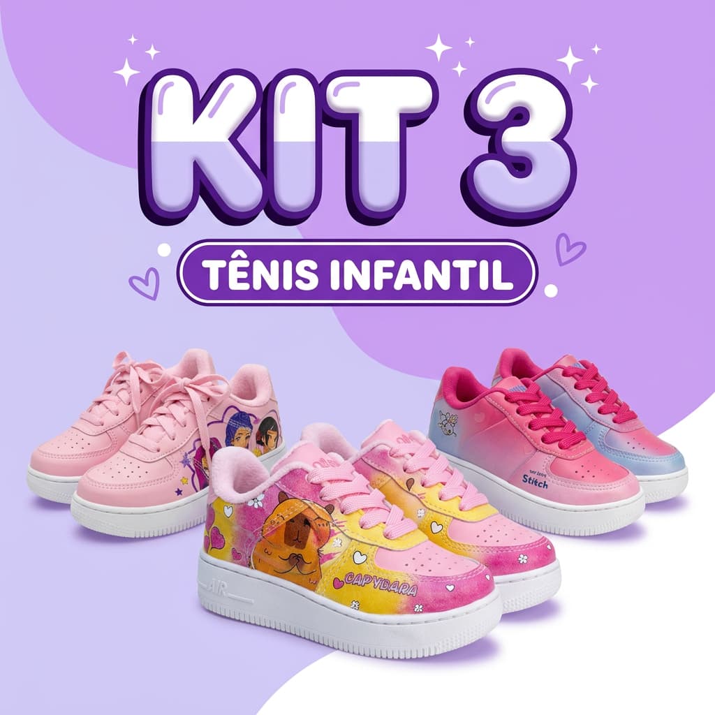 Kit 3 Tênis Infantil Menina Casual Macio Estiloso Passeio