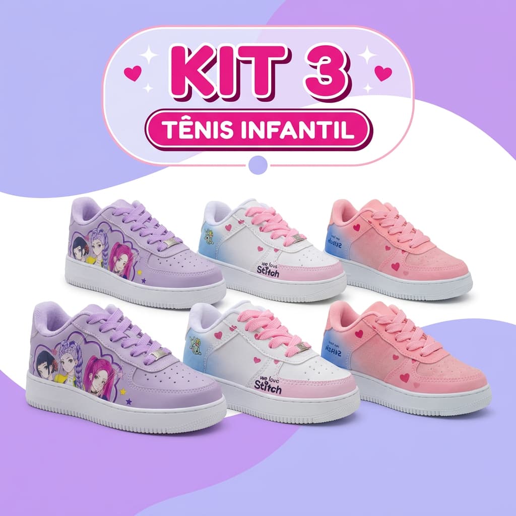 Kit 3 Tênis Infantil Menina Escolar Confortável Antiderrapante Moda