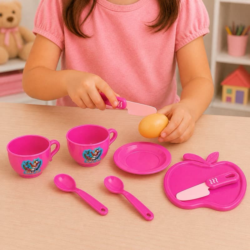 Kit Cozinha Infantil Brinquedo Faz de Conta Com Pratos Xícaras Talheres e Alimentos 8 Peças