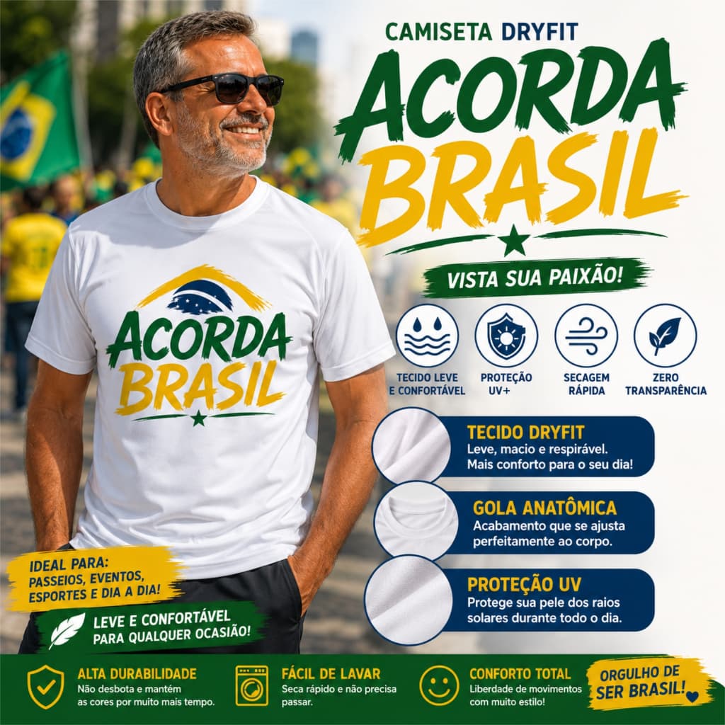 Camiseta Acorda Brasil 2026 com tema de Política e Movimento Social Patriotismo na veia e Nacionalismo Camisa 100% DRY