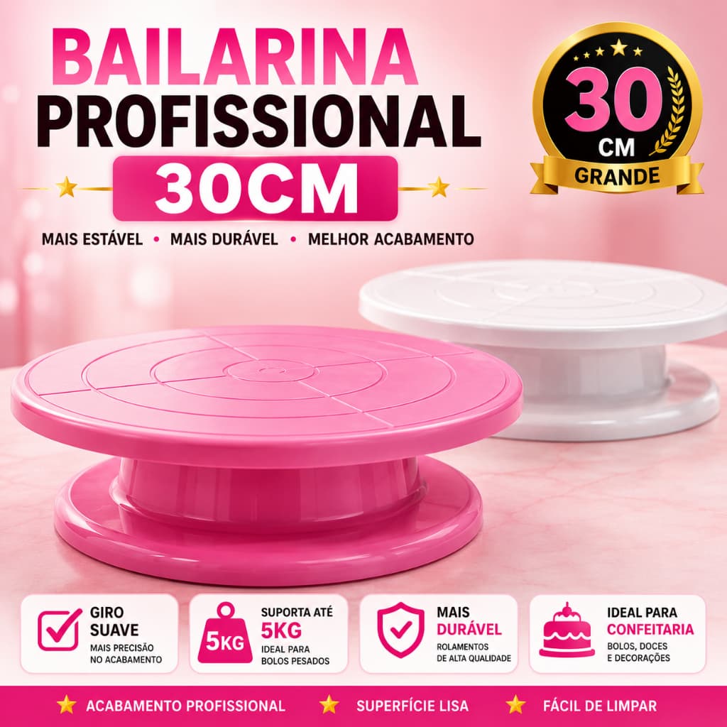Bailarina Giratória 30cm Rosa Para Bolo Confeitaria Prato Giratório Boleira Profissional Suporta 5kg