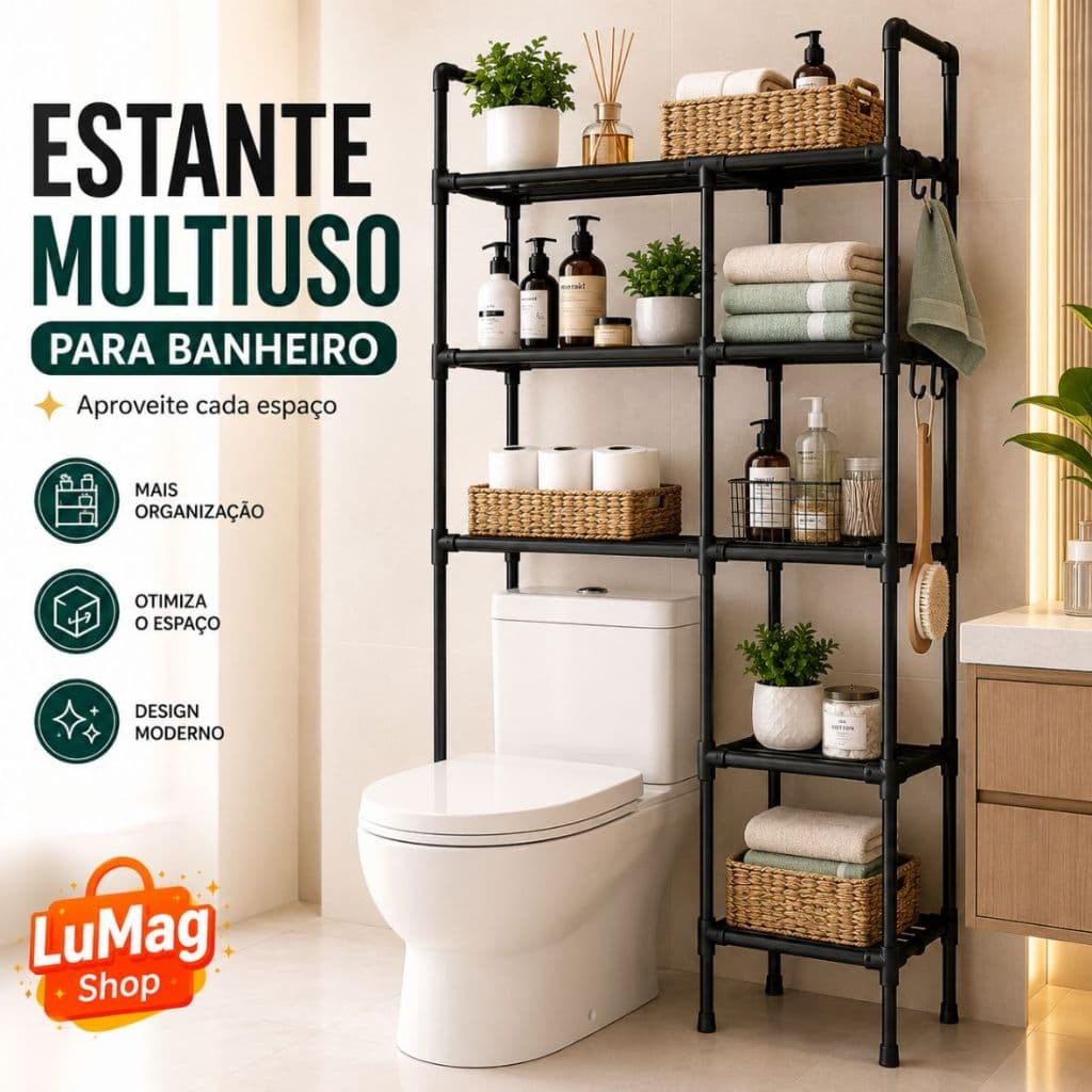 Estante Multiuso Para Banheiro Sobre Vaso Organizador 3 Prateleiras Preta Porta Toalhas Lavabo