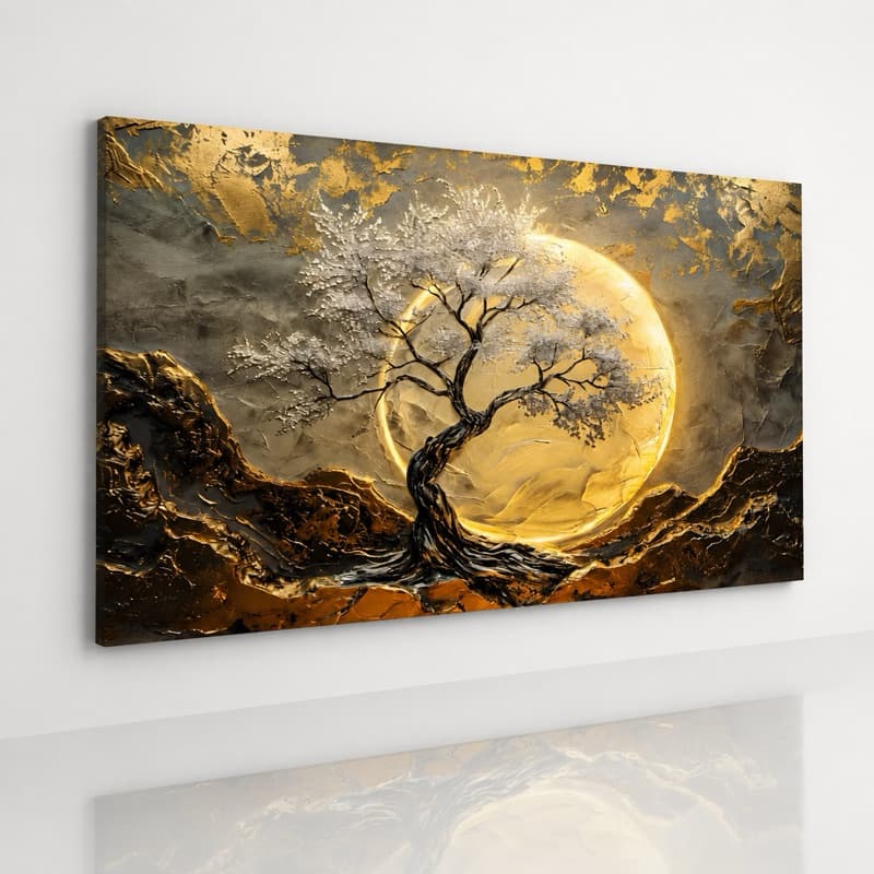 Quadro Decorativo 1 Peça Árvore Lua Dourada Sala, Escritório, Área Gourmet 40x60 a 110x80