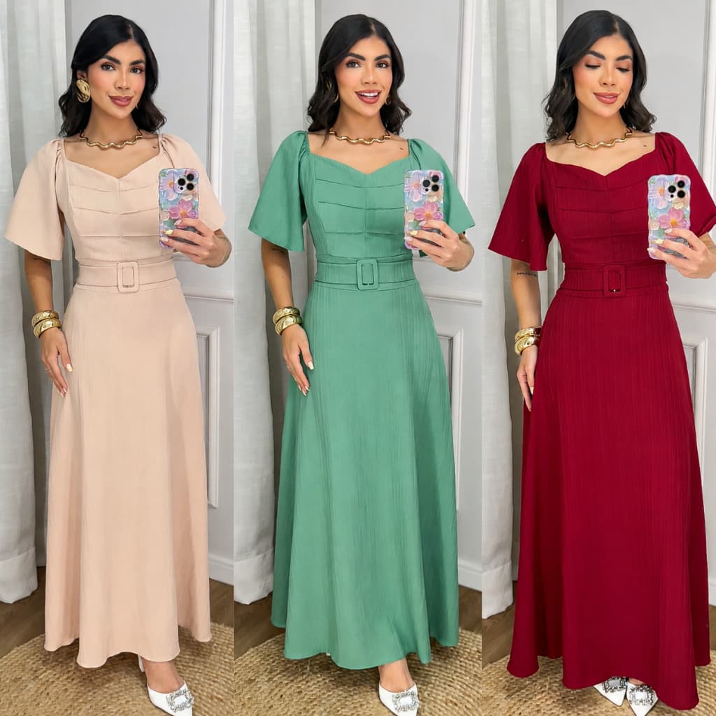 Vestido Feminino Longo Liso Com Cinto Manga Morcego G  GG
