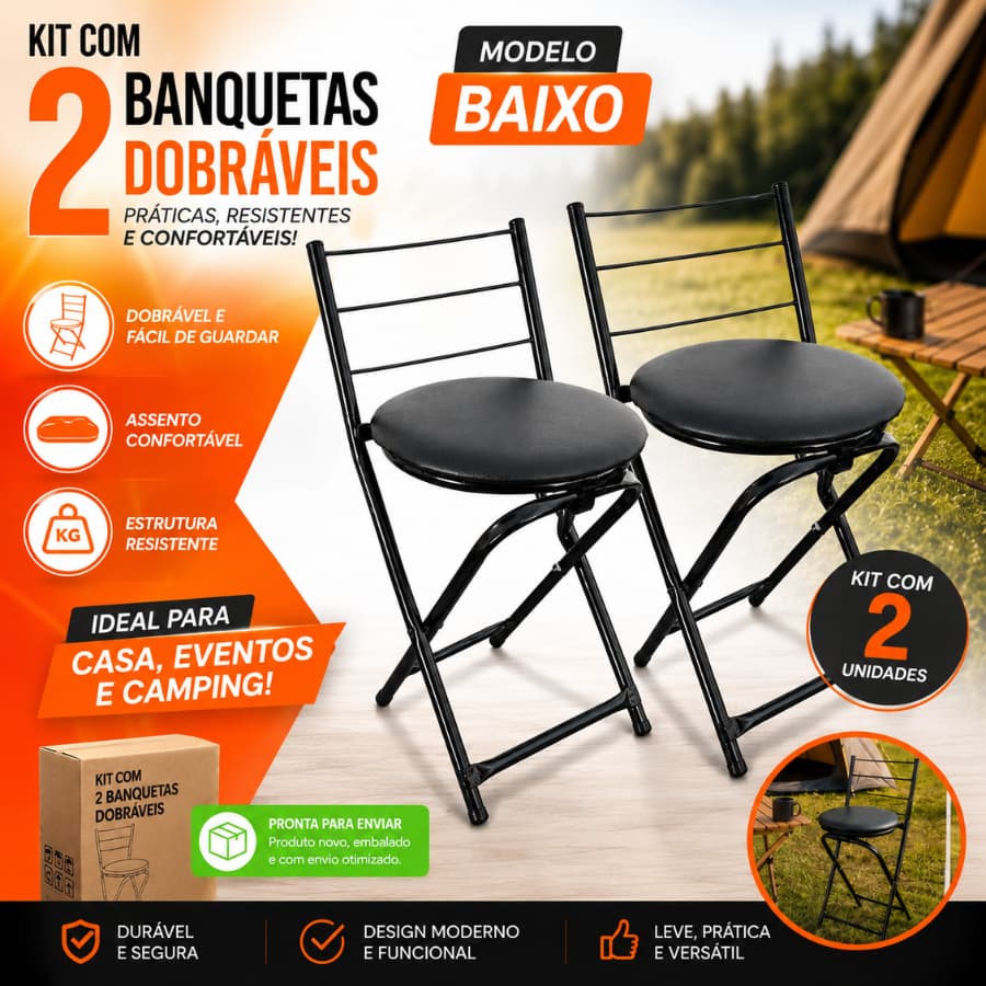 Kit 2 Banquetas Baixas 3 Arames Dobrável Banco Cozinha Bancada Casa