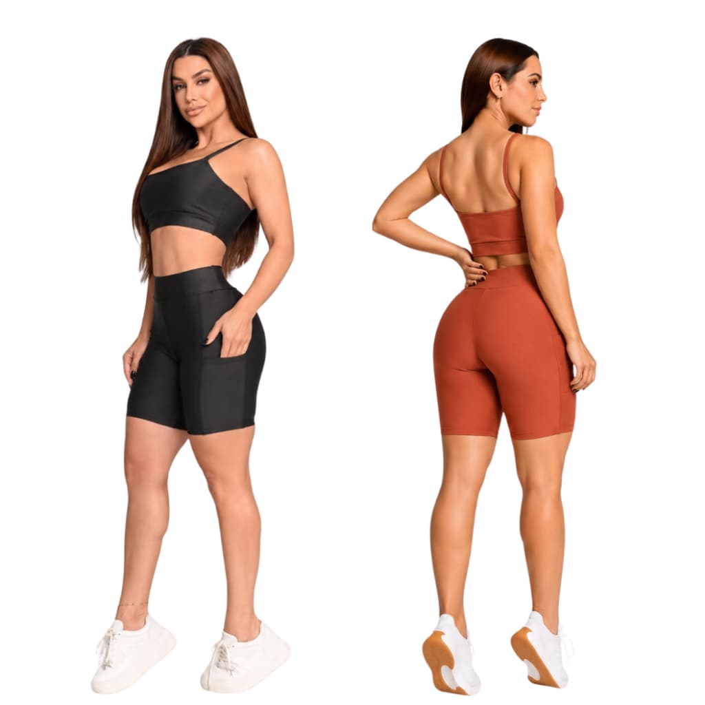 CONJUNTO FITNESS SHORT E TOP FEMININO COM BOLSO LATERAL