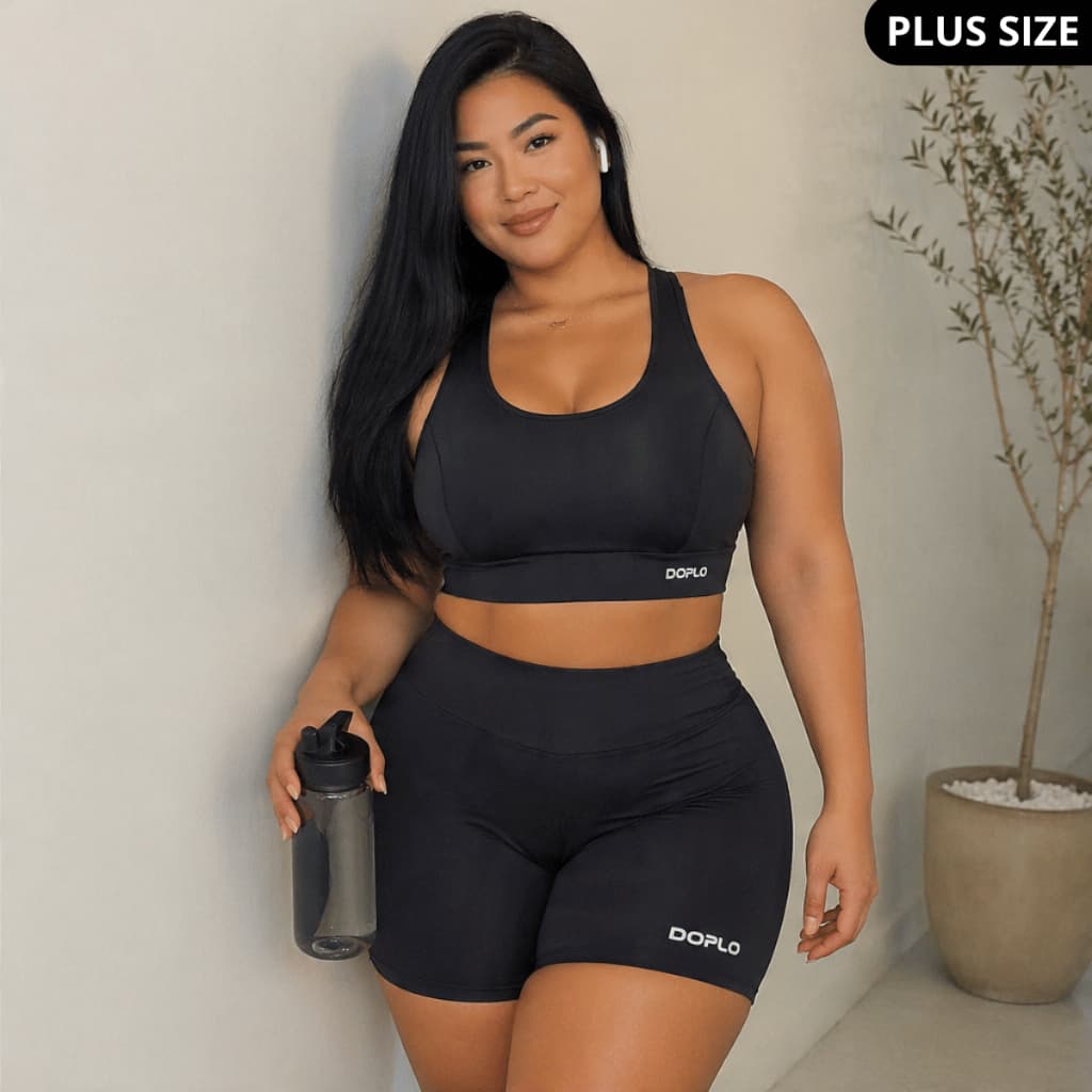 Conjunto Top e Short Plus Size Feminino Acadademia Fitness Cintura Alta Malha Original