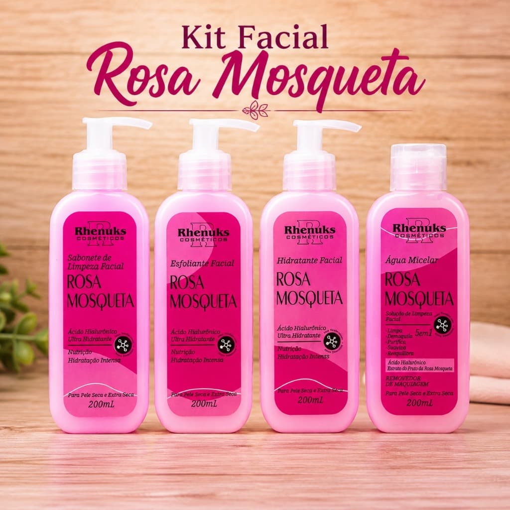 skin care facial ROSA MOSQUETA 4 Itens Sabonete facial, Agua micelar, Esfoliante Facial, Hidratante Facial