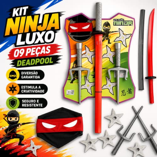 Kit Ninja Luxo 09 peças Deadpool: 01 Espada + 02 adagas + 01 máscara tecido + 05 estrelas papelão