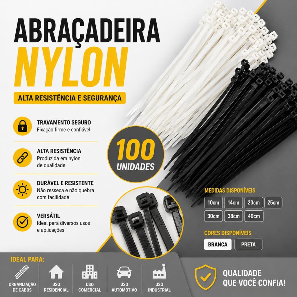 Abraçadeira de Nylon 10/14/20/25/30/38/40 Enforca Gato Resistente Vários tamanhos Presilhas