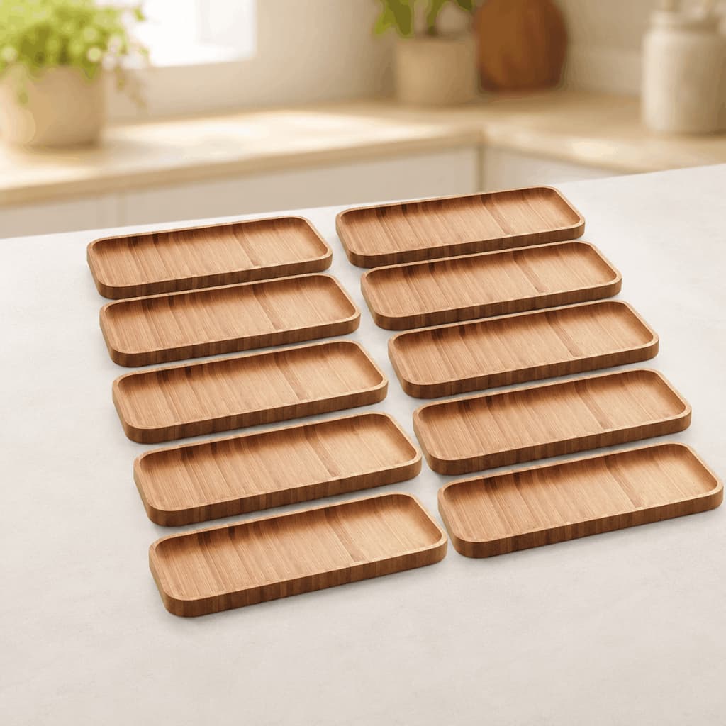 Kit com 12 Petisqueiras Retangulares em Bambu 28x11cm – Bandejas para Servir Petiscos, Frios, Queijos, Sushi, Aperitivos