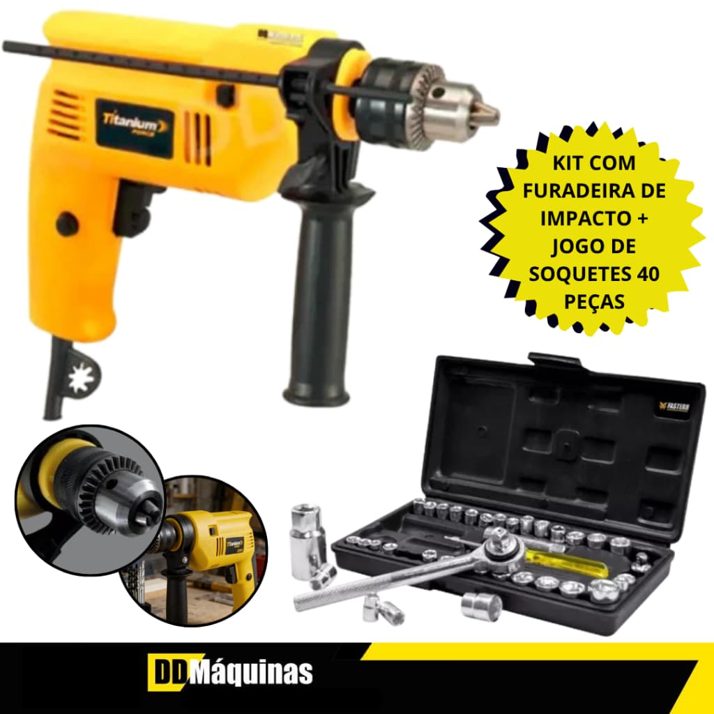 Kit Furadeira de Impacto 3/8 220V Force + Jogo de Soquetes 1/4-3/8 com 40 Peças - Fasterr