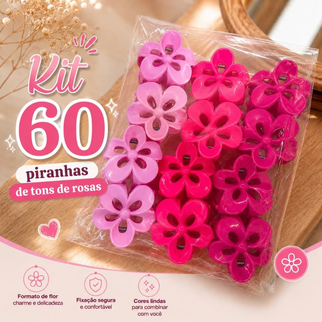 60 Piranhas Flor Tons Rosa Presilha De Cabelo Grande Presilhas Resistente Bloguerinha Elegante