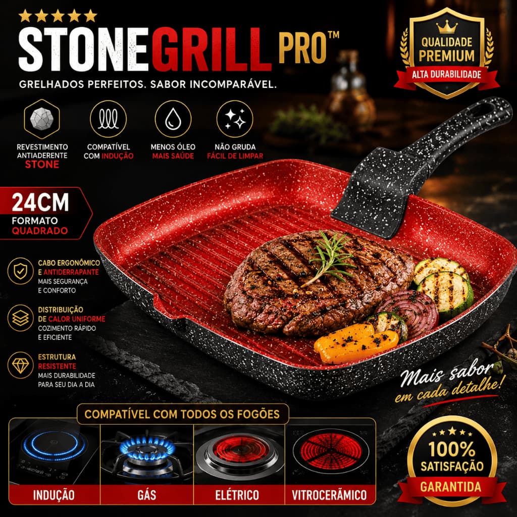 Frigideira Grill Quadrada 24cm Antiaderente Stone Indução Gás Elétrico Vitrocerâmico