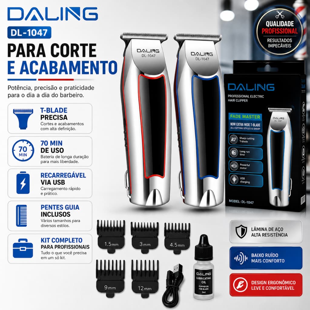 Máquina de Corte Profissional Daling DL-1047 Sem Fio Recarregável com 6 Pentes de Ajuste