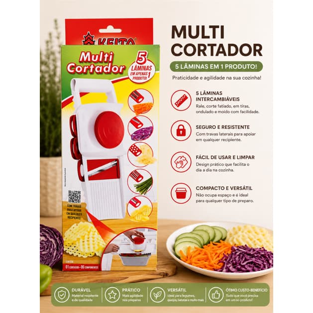 Multi Cortador com 5 Laminas, Cortes diferentes - 5 em 1 - com Travas para apoio - Marca Keita