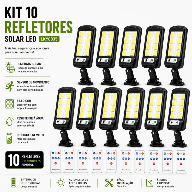 Kit 10 Refletores Solar LED Com Sensor de Presença Controle Remoto Sem Fio Alta Iluminação Externa LKY0035:
