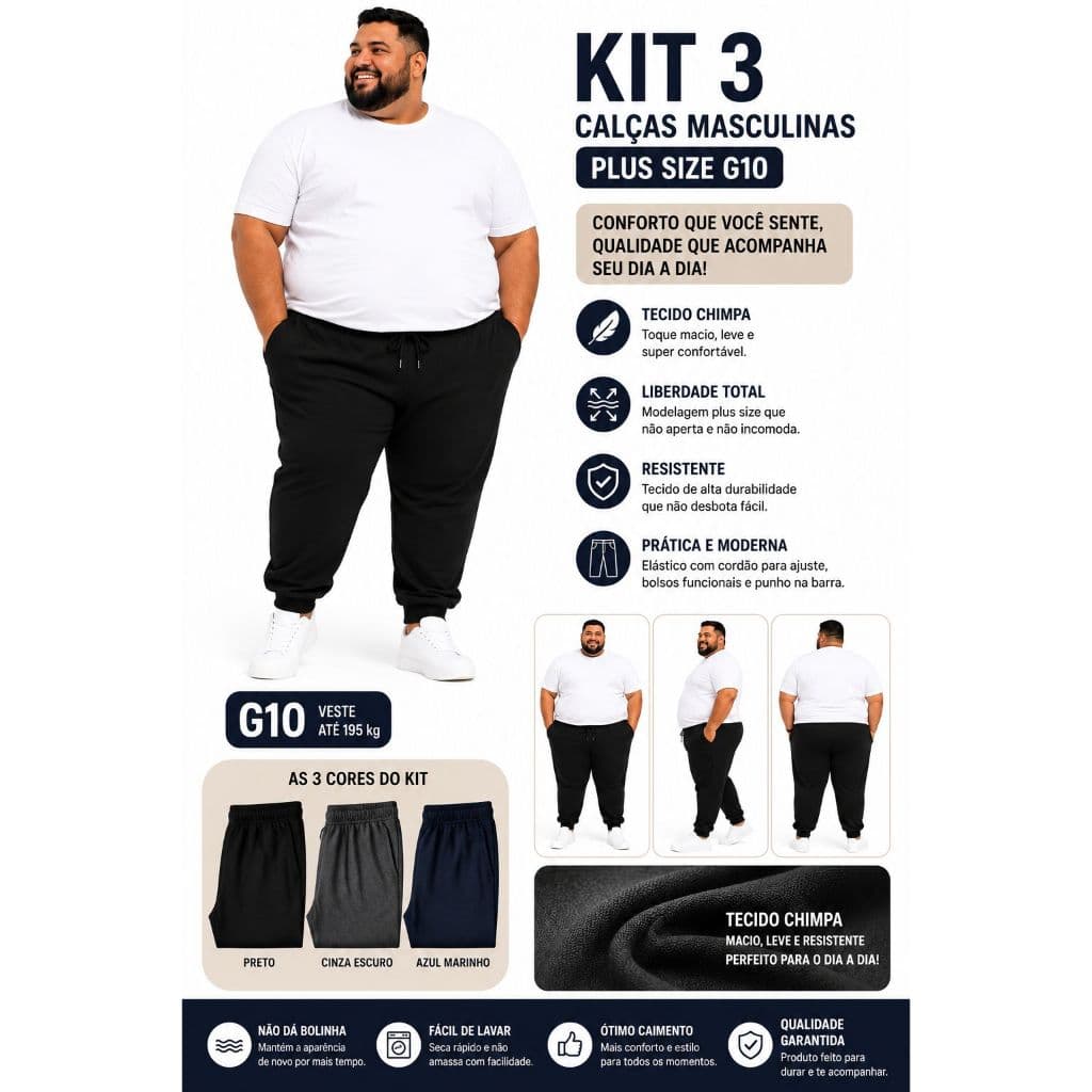 Kit 3 Calças Plus Size Masculina G10 Tecido Chimpa Com Punho e Cordão