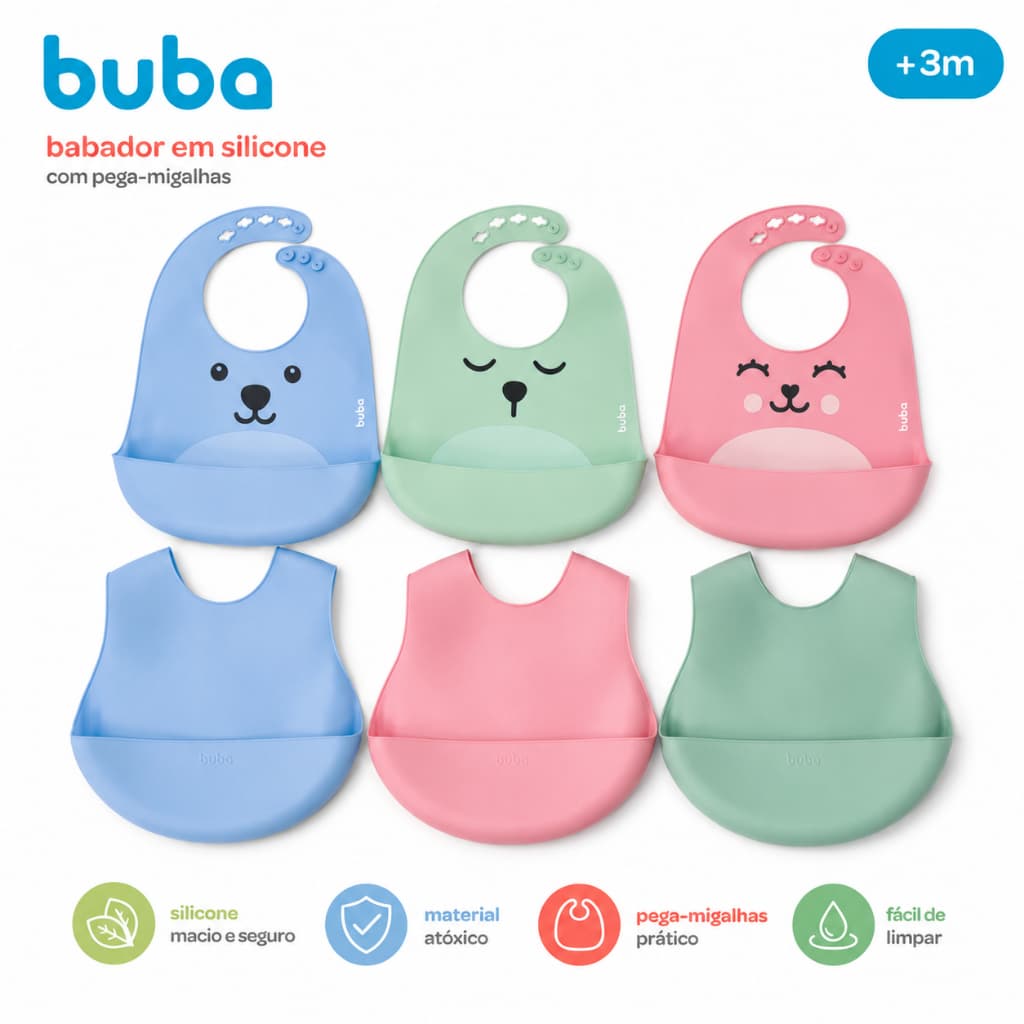 Babador de Silicone Buba Infantil Bebê com Pega Migalha Menino Menina Gummy