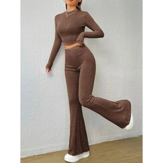 Conjunto Calça Flare e cropped Feminino Canelado Cropped Manga Longa Estiloso Frio Dia a dia Conjunto moletom