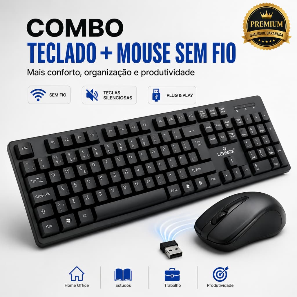 Kit Teclado e Mouse Sem Fio 2.4 GHz USB | Silencioso para PC e Notebook