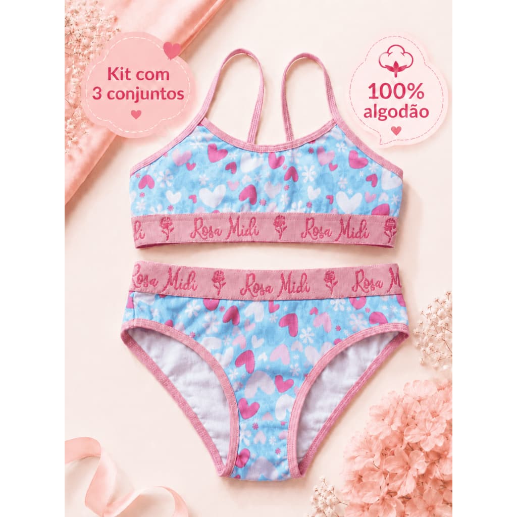 Kit 3 Conjunto Juvenil Feminino com Top e Calcinha em Algodão Cores Sortidas