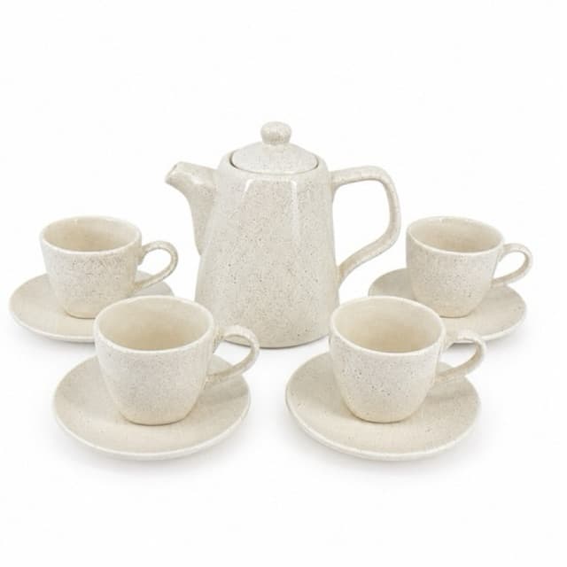 Kit Chaleira de Cerâmica com 4 Xícaras 200ml e Pires para Chá e Café Artesanal