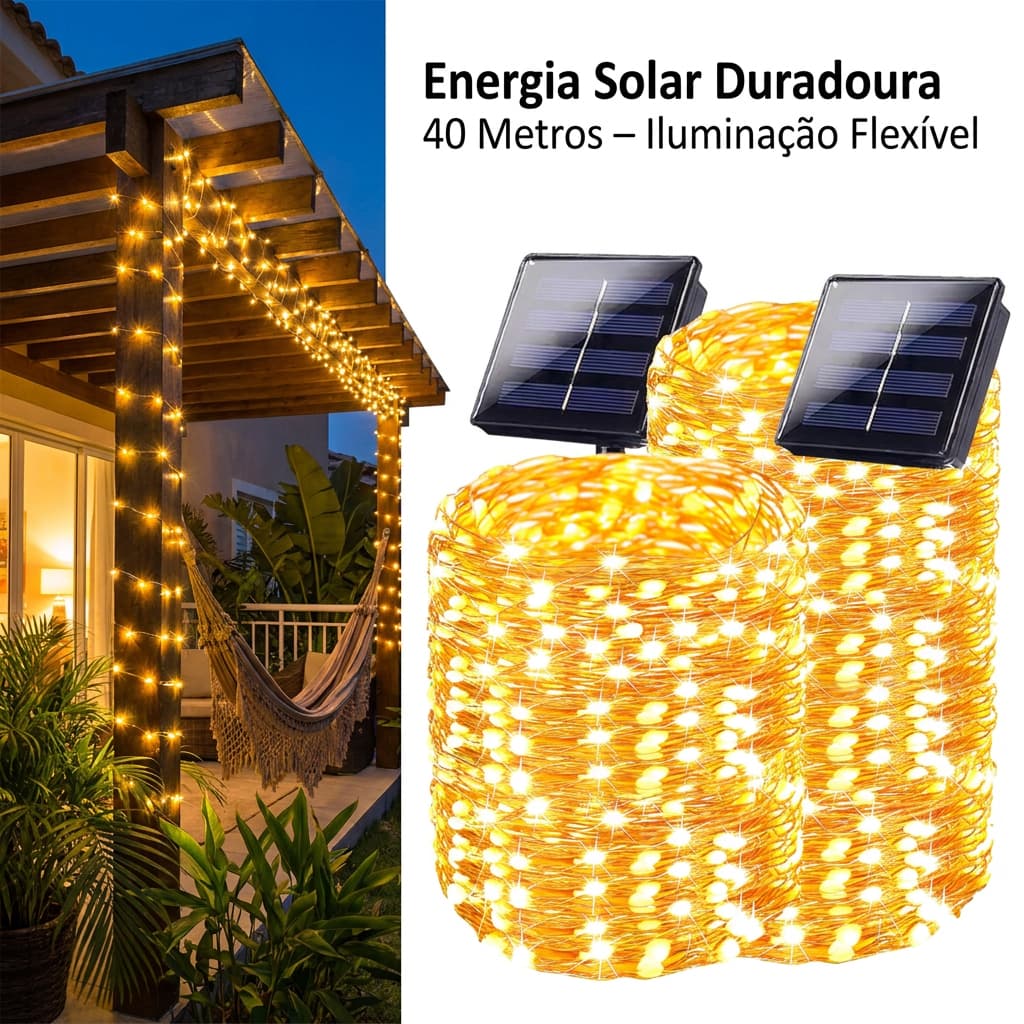 Kit 2 40M Pisca Luzes De Corda Solares 8 Modos à Prova D'água para Jardim Varanda Área Externa