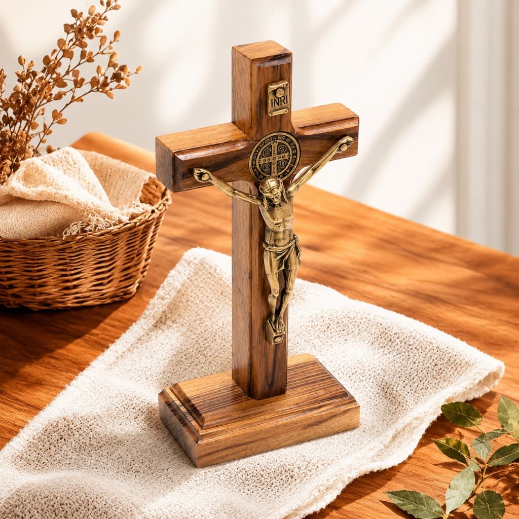 Crucifixo de Madeira com Medalha de São Bento para Mesa e Parede 9 cm 12 cm 17 cm