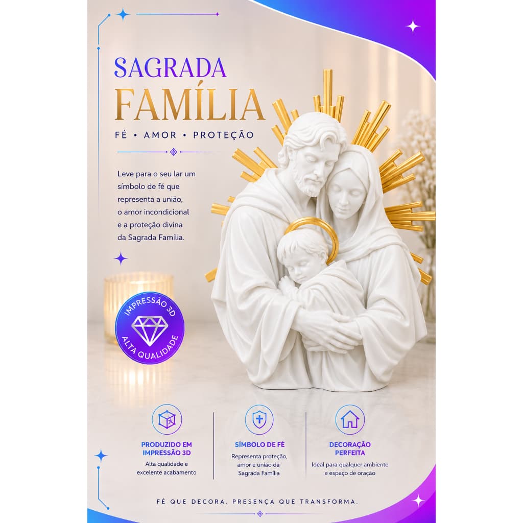Decoração de parede Sagrada Família com Detalhes Dourados | Escultura Religiosa Cristã