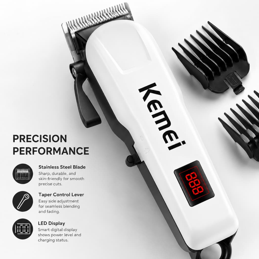 Máquina de Cortar Cabelo Kemei KM-809A - Cortador de Cabelo Branco Sem Fio com Alta Performance e Conforto