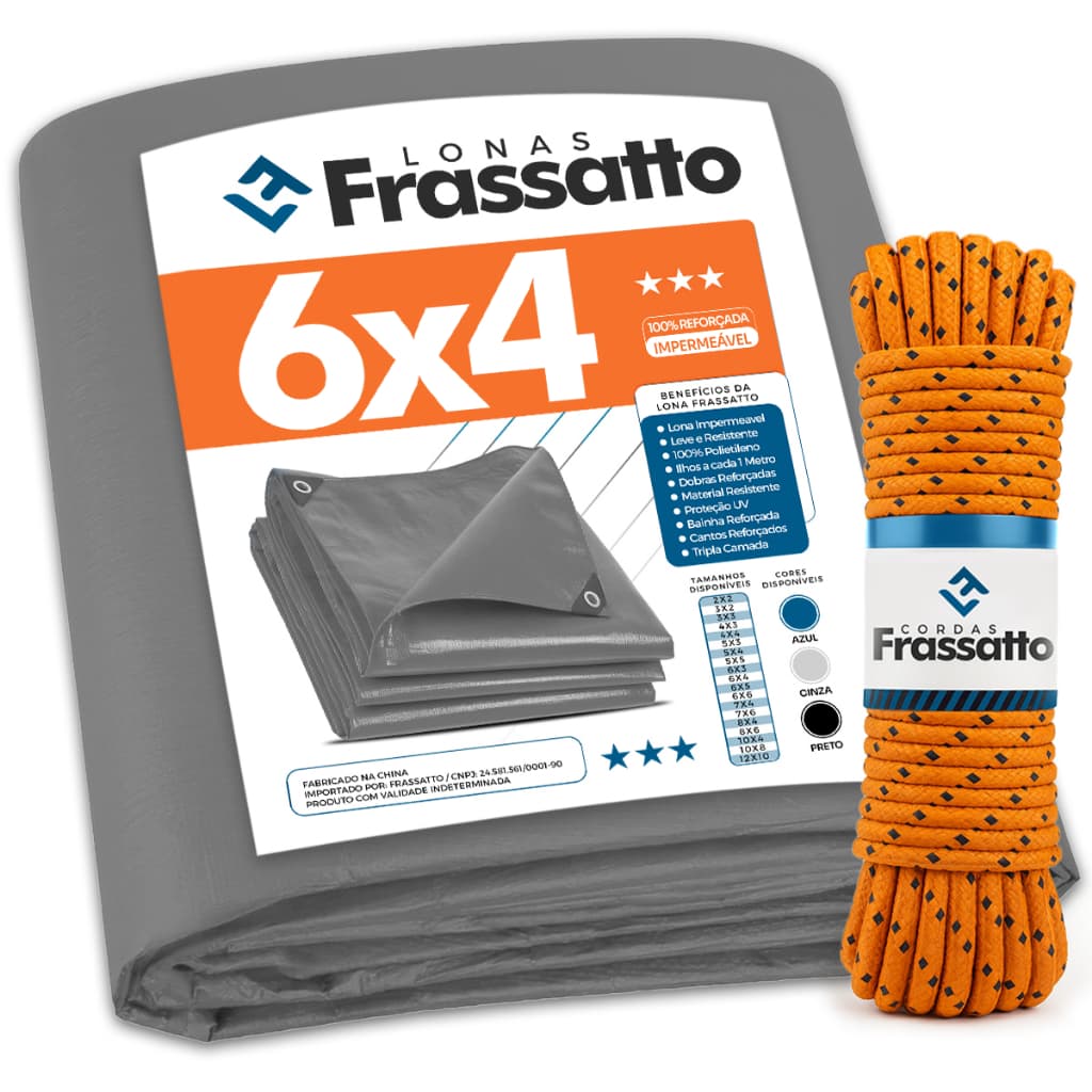 Lona Impermeavel 6x4 ou 4x6 Cinza Reforçada Multiuso Piscina Proteção Uv Com Ilhós Frassatto + Corda