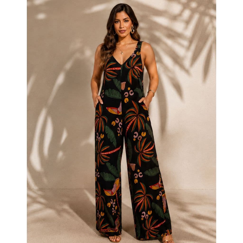 Macacão Longo Decote V Estampado Boho Chic Pantalona Alça Elegante Sofisticado Moderno Casual