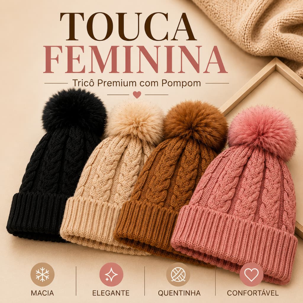 Touca Feminina de Tricô com Pompom Touca Inverno Frio Quentinha Macia Tamanho Único