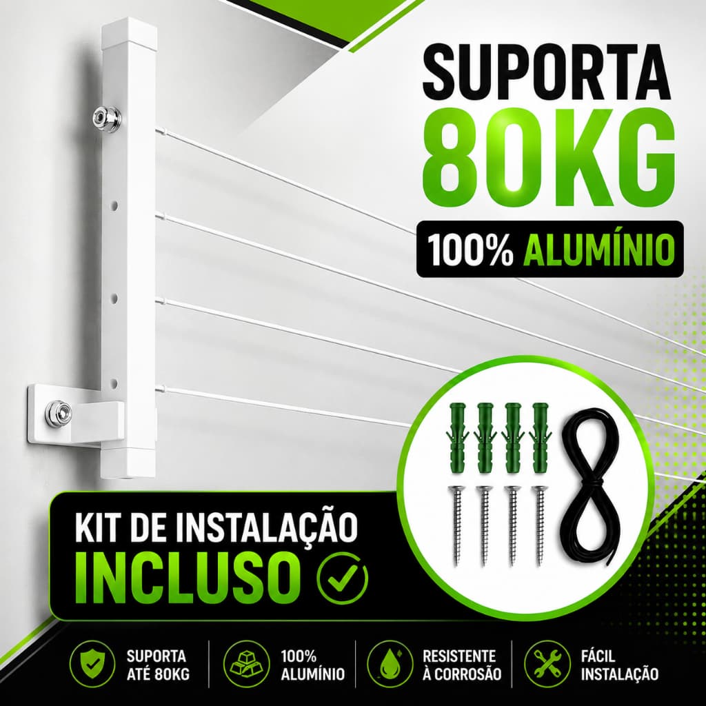 Varal De Parede Dobrável De Alumínio Premium - O Mais Resistente da Categoria 80Kg - ENVIO FULL