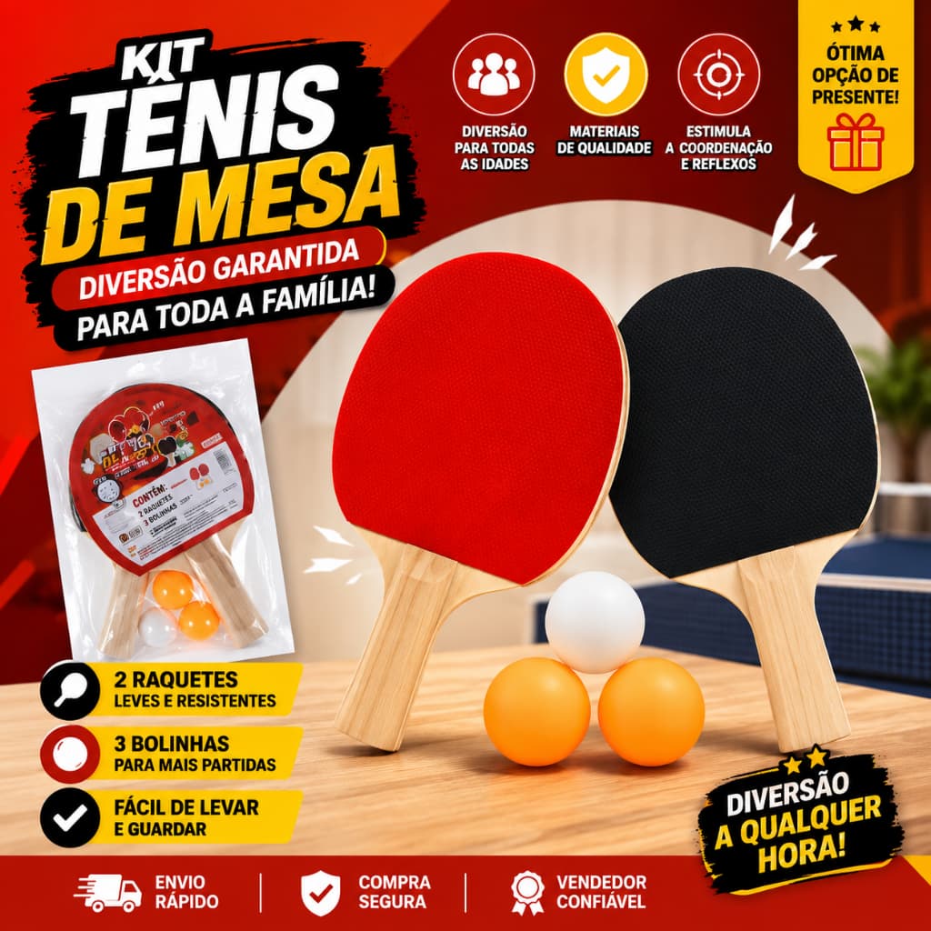 Kit Tênis de Mesa Ping Pong com 2 Raquetes e 3 Bolinhas Jogo Esportivo Lazer Família Infantil Adulto