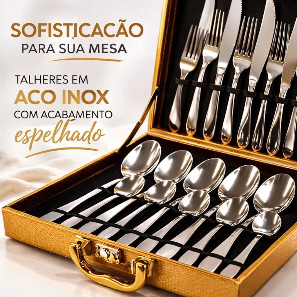 Conjunto Jogo Kit  Faqueiro Talheres Inox 24 Pecas Premium Maleta Madeira MDF Dourada Marron