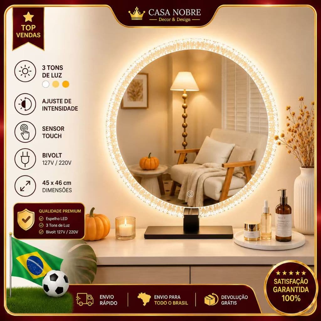 Espelho de Penteadeira Redondo LED Touch 3 Iluminações Regulável Bivolt Espelho Decorativo com Luz para Maquiagem
