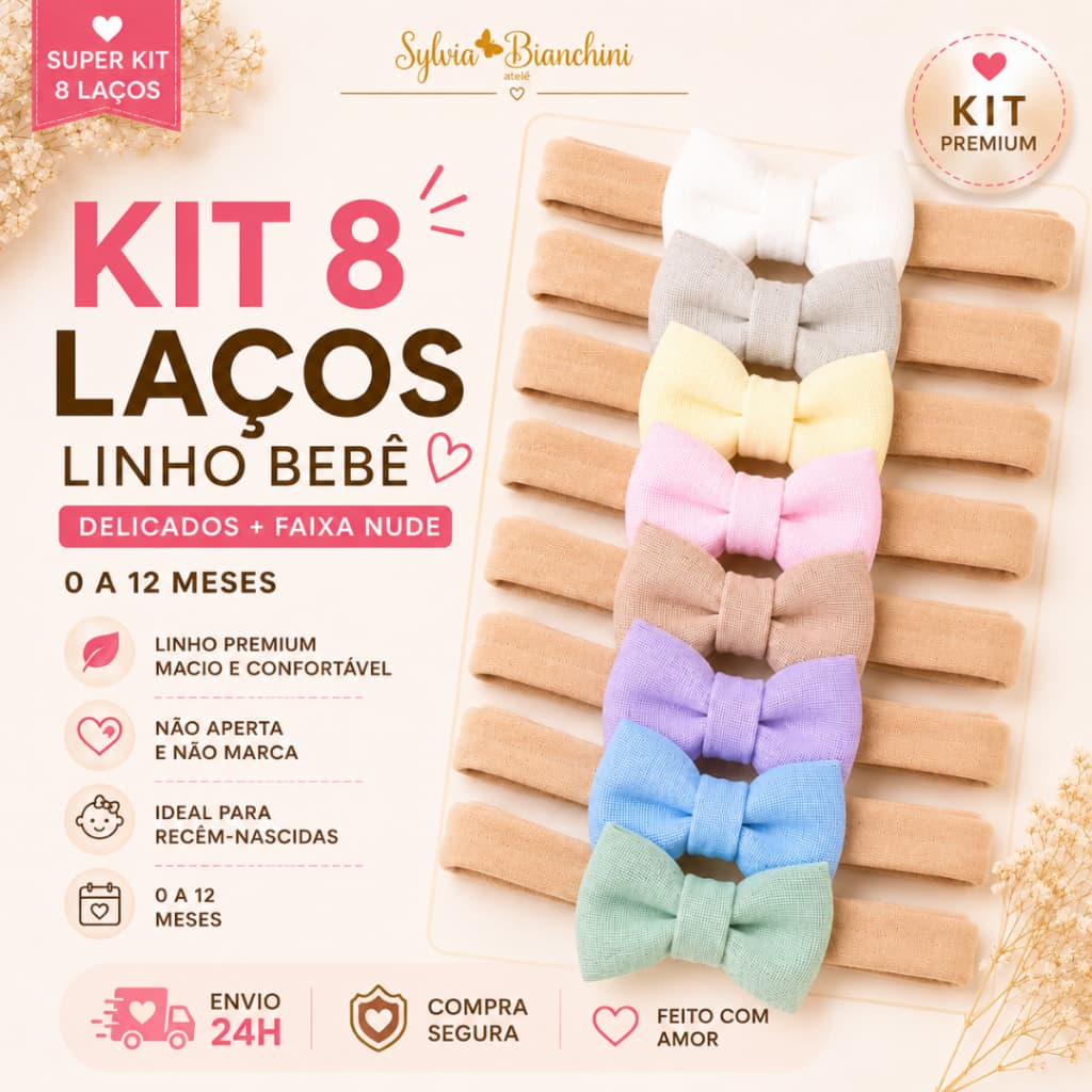 Kit 8 Laços cabelo Infantil | Linho Bebê Faixinha Nude | Menina Recém nascido Luxo