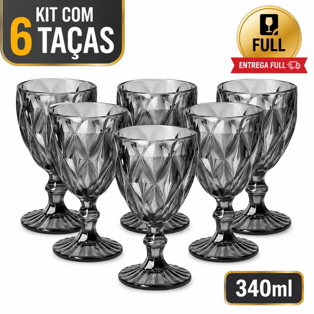 Jogo 6 Taças Vinho Água Suco Vidro 340ml Diamond Preta Fume