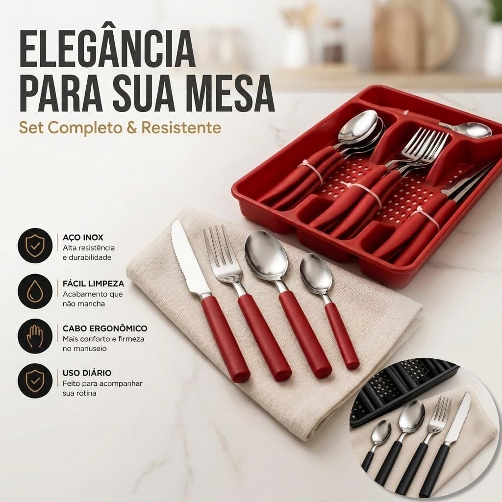 Conjunto Talheres Inox Completo 17 Pecas  | Faqueiro com Suporte Organizador Prático Design Moderno