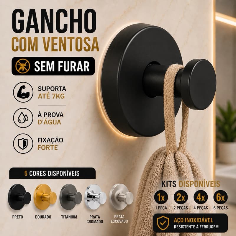Gancho de Ventosa Inox Sem Furar Super Forte Para Banheiro Cozinha Premium