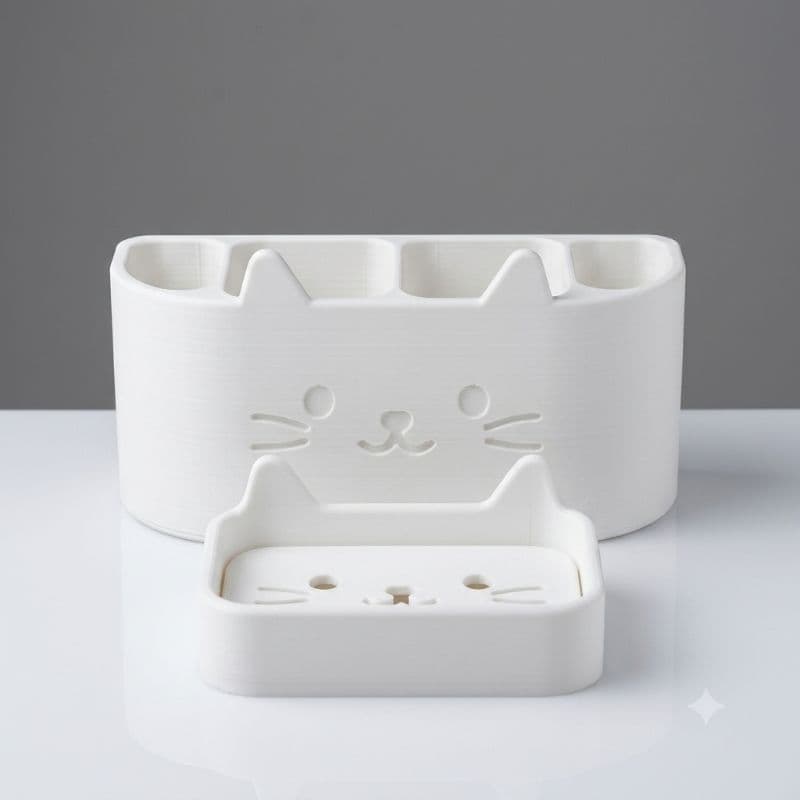Kit Banheiro Gatinho 3D Luxo: Porta Escovas e Saboneteira - Decoração - Organize com Amor e Estilo Delicado para seu Lar