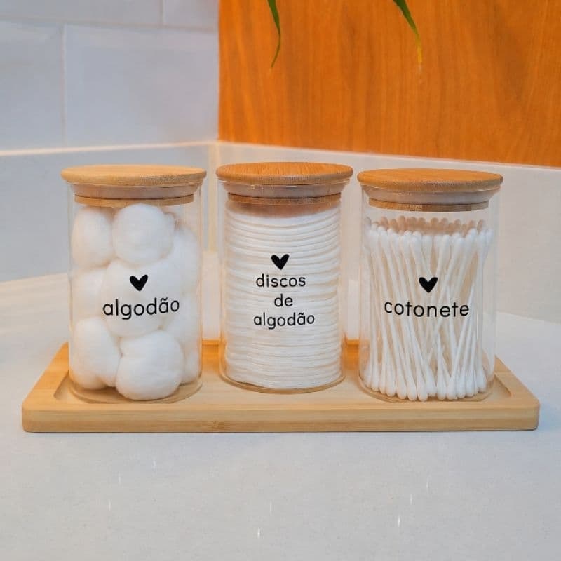 Kit Porta Algodão e Cotonete Pote de Vidro e Bambu Hermético