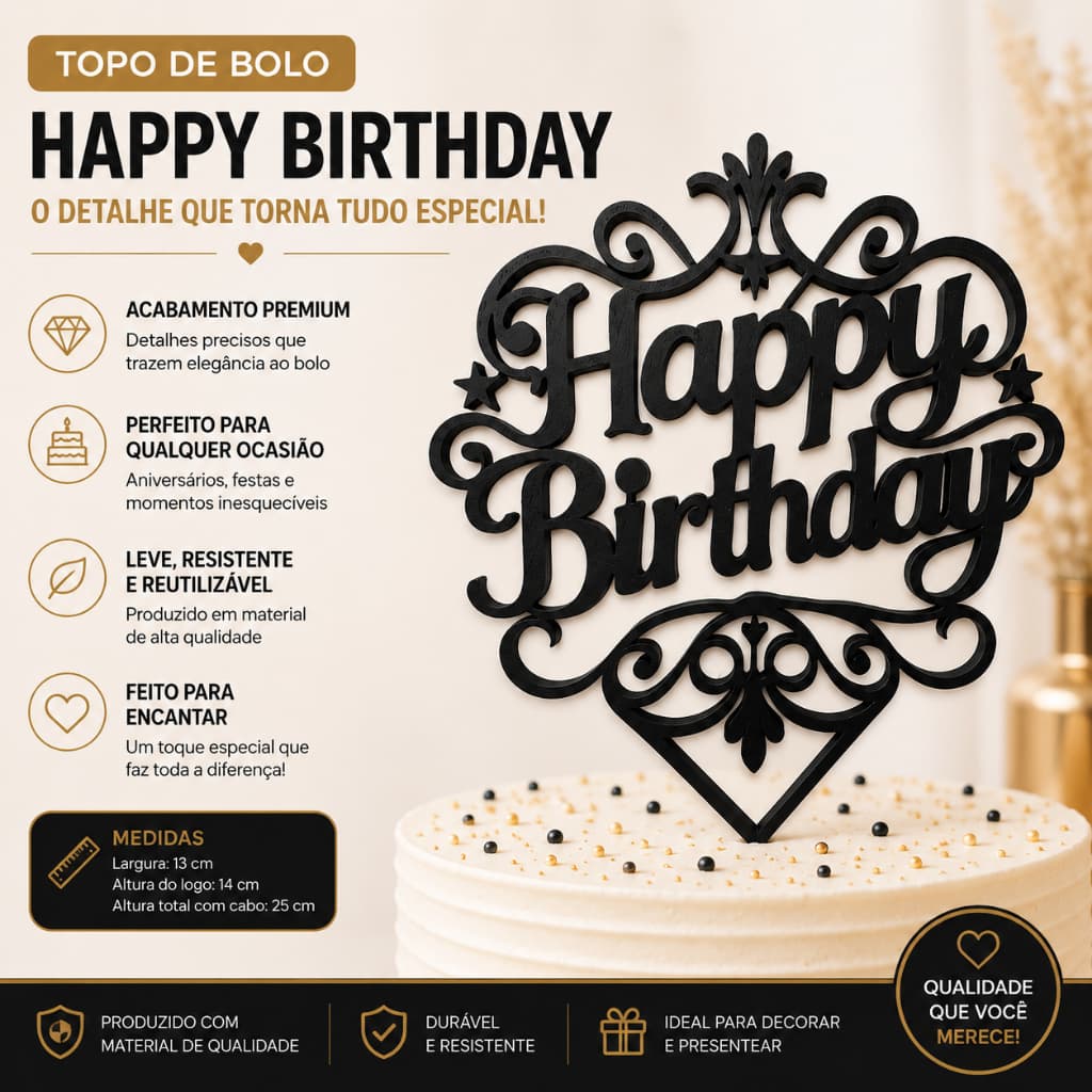 Topo de Bolo Happy Birthday Preto | Cake Topper Aniversário | Decoração Festa Personalizada 3D
